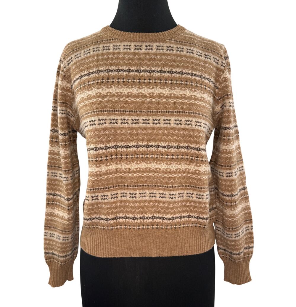 Vintage Sisley Italy Beige Brown Sweater Fair Isle Crew Neck Pullover S Small